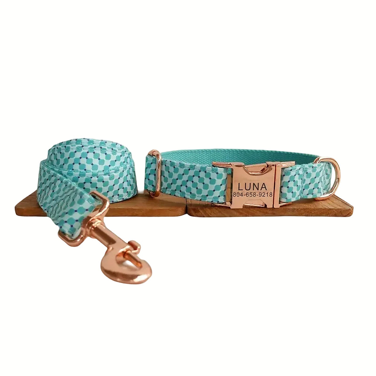 Aqua Elegance collar and leash set with rose-gold-tone hardware