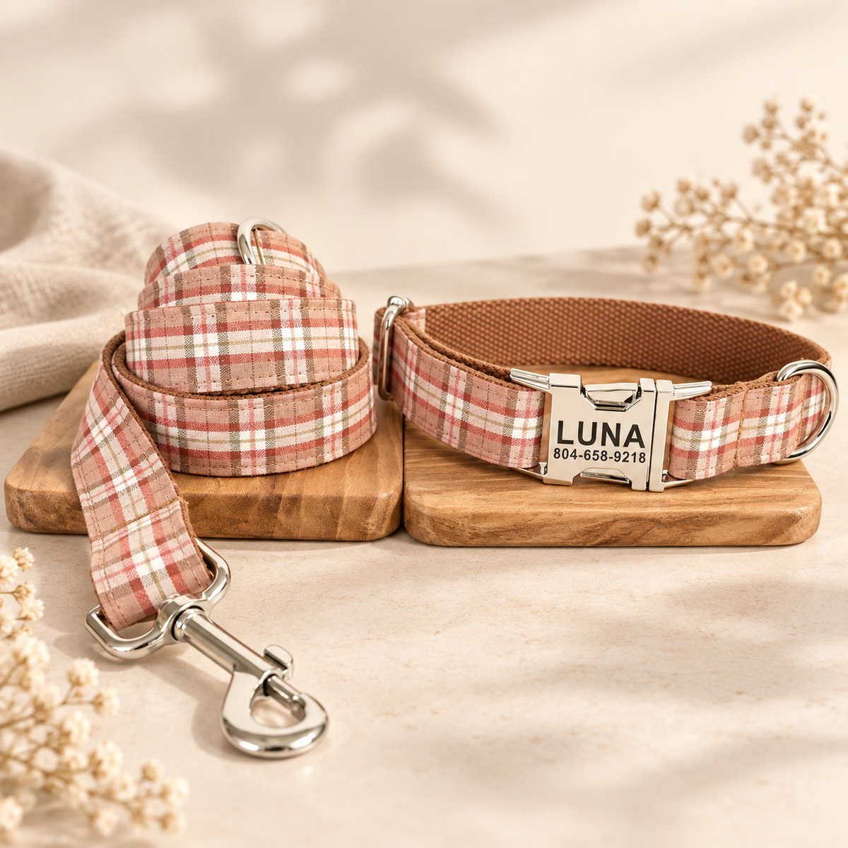Autumn Plaid Charm collar and leash in Barkin’ Hound warm ivory luxury presentation