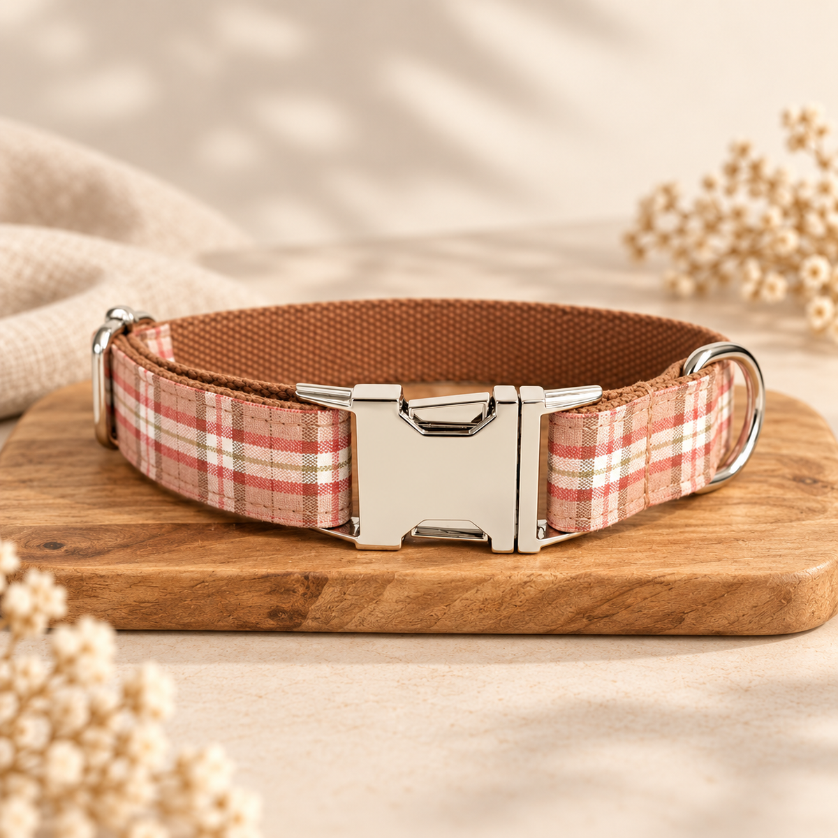 Autumn Plaid Charm silver hardware collar in Barkin’ Hound warm ivory luxury presentation