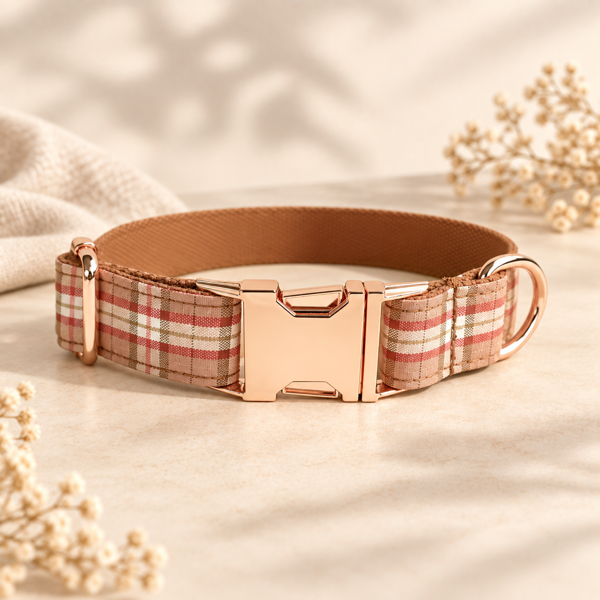 Autumn Plaid Charm rose-gold-tone collar in Barkin’ Hound warm ivory luxury presentation