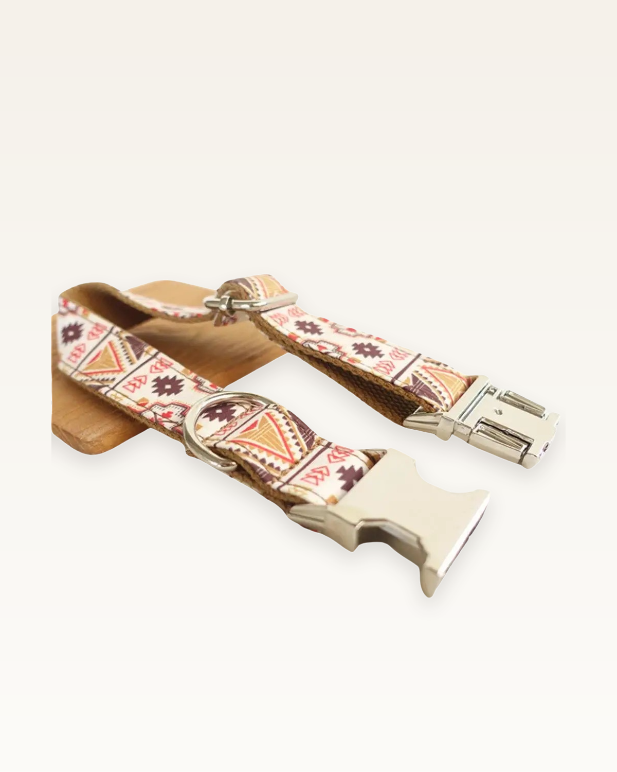 Boho Chic dog collar open view with silver hardware on a warm ivory background