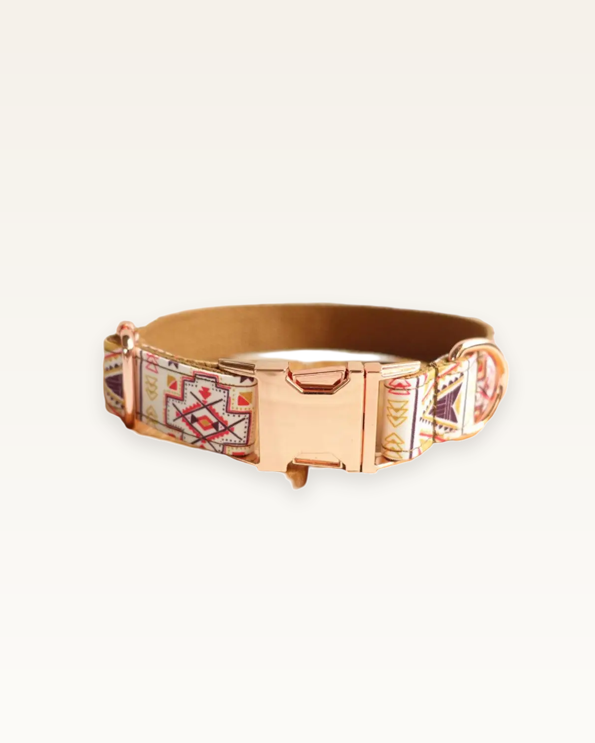 Boho Chic dog collar with rose gold hardware on a warm ivory background