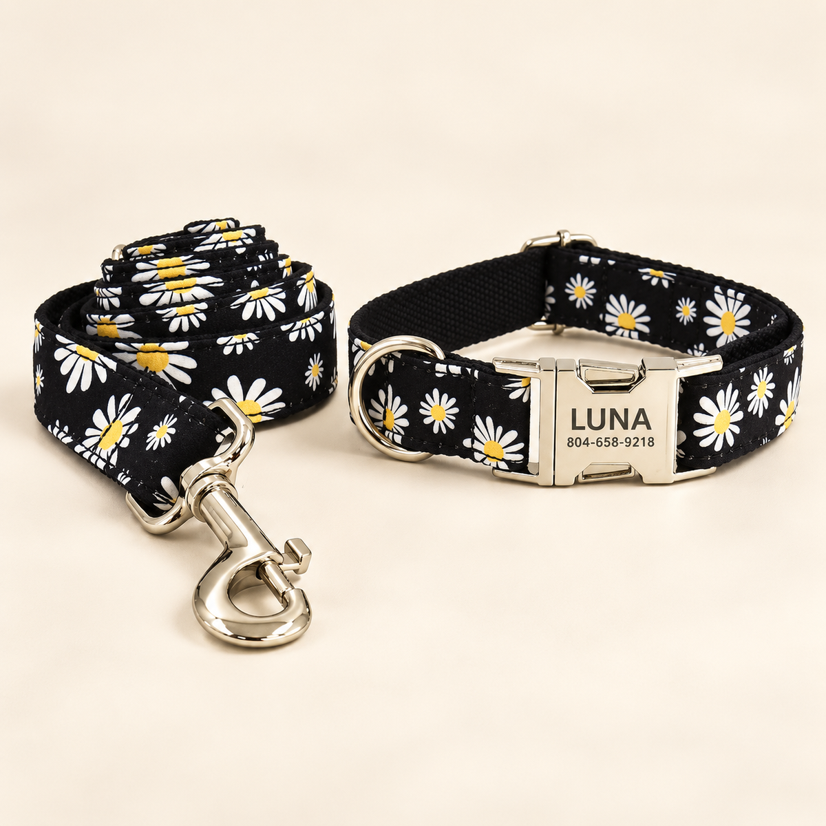 Daisy Delight collar and leash in Barkin’ Hound warm ivory luxury presentation
