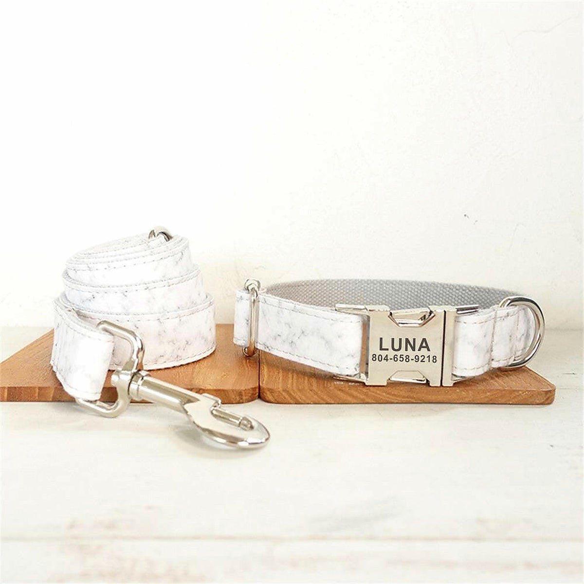 Marble Marvel collar and leash set in Barkin’ Hound Luxury 2.0 presentation