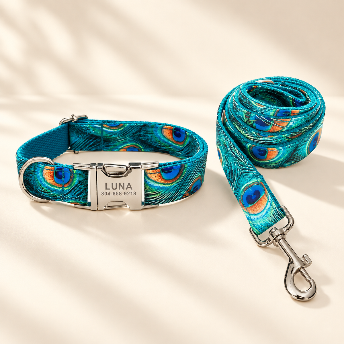 Peacock Elegance collar and leash in Barkin’ Hound warm ivory luxury presentation