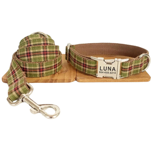 Woodland Plaid collar and leash with standard silver hardware in Barkin’ Hound Luxury 2.0 presentation